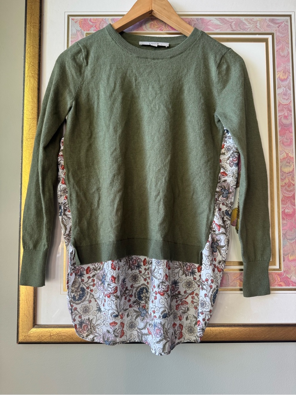 LOFT Olive Green Knit Pullover with Floral Hem - Women Sweater